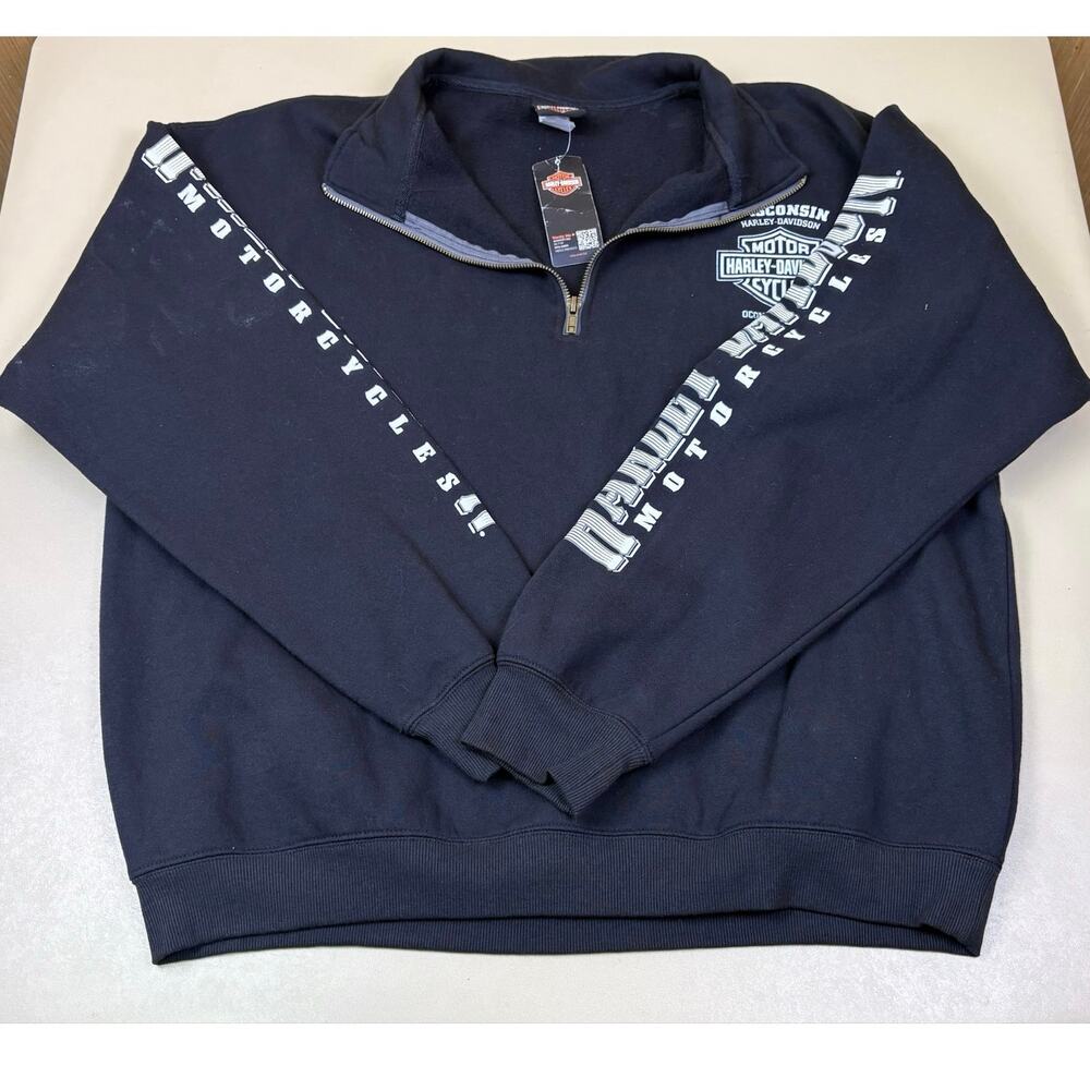 Harley Davidson 2XL Black 1/4 Zip Sweatshirt Skull Eagle Wisconsin NWT